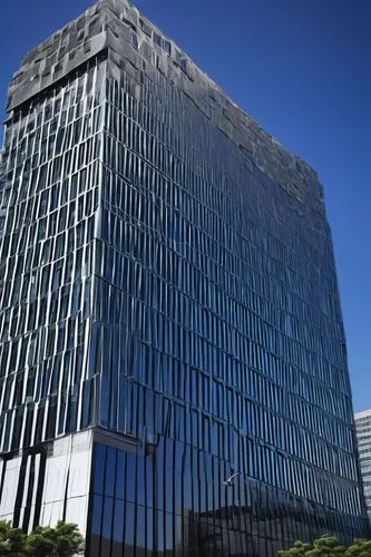 Modern 20-story office building, punch hole façade, silver reflective glass, sleek lines, minimalist architecture, urban landscape, cityscape, concrete jungle, afternoon sunlight, dramatic shadows, bi