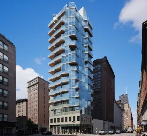 “Create an image of a strikingly modern residential skyscraper inspired by 56 Leonard Street in New York City. The building has a stacked, irregular design where each floor seems to be offset, giving 