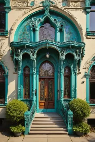 Eclectic architectural style, colorful mixture of Art Nouveau, Gothic, Victorian elements, intricate stone carvings, grandiose entrance with ornate wooden doors, asymmetrical facade, turrets, balconie