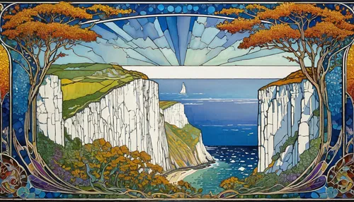 art nouveau frame,white cliffs,chalk cliff,art nouveau frames,english channel,art deco border,art deco frame,art nouveau design,seven sisters,rainbow bridge,three point arch,art nouveau,cliff coast,cd cover,cliff top,frame border illustration,dover,travel poster,1926,art deco ornament