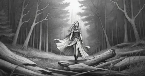 sketch, woman, forestry background, black and white,the woman is standing in a dark forest with trees and logs,mirkwood,slender,ballerina in the woods,finrod,thranduil,light bearer,elven forest,hecate