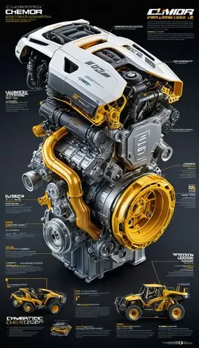 an industrial design sketch (construction plan)of a beautiful 2.6 liter Chevrolet Ilmor V6 engine (Chevrolet R6) alien advanced concept model, futuristic style with all the data related to its constru