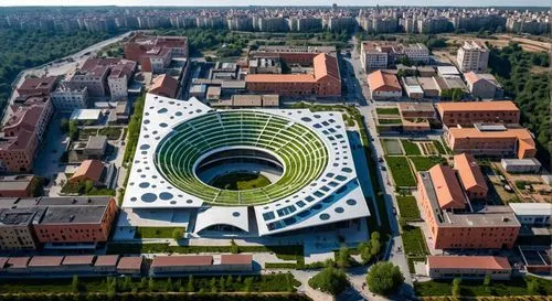 Vista aerea di un uovo mercato e un centro culinario per la città in Armenia di Gymuri. Il progetto è una copertura che da un lato copre i mercato della città e dalla parte superiore  una nuova piazza