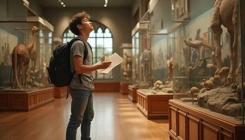 African savannah, museum interior, natural history museum, visitor, adult, casual wear, t-shirt, jeans, sneakers, backpack, holding a map, curious expression, looking up at exhibits, daytime, warm lig