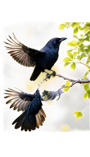 Black crow, solo, perched on branch, spread wings, sharp beak, glossy feathers, morning dew, soft sunlight filtering through leaves, 3/4 composition, shallow depth of field, warm color tone, cinematic