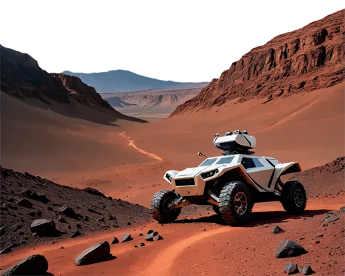 Mars planet, rocky terrain, barren landscape, crimson red soil, towering mountains, vast valleys, robotic rover, metallic surface, dusty atmosphere, dramatic lighting, low angle shot, cinematic compos