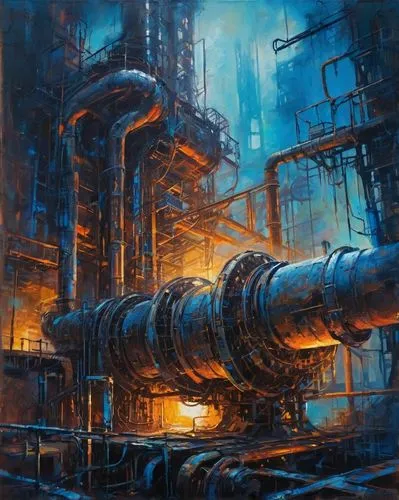 Futuristic generator, metallic structure, complex circuits, glowing blue lights, industrial setting, abandoned factory, old machinery, rusted pipes, dim lighting, misty atmosphere, 3/4 composition, cl