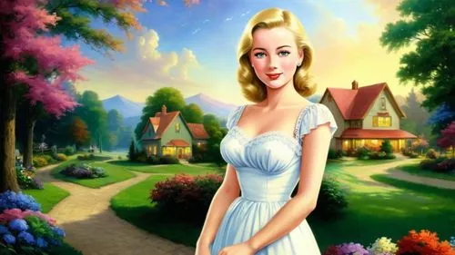 Romantic masterpiece painting, cute girl portrait, picturesque rural American town, backyard summer party, nostalgic scenery, by Bob Ross, by Thomas Kinkade,dorthy,pleasantville,housemaid,cartoon vide