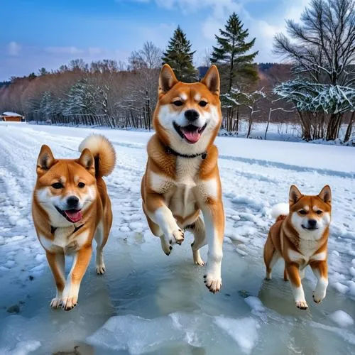 corgis,shiba inu,three dogs,the pembroke welsh corgi,akita inu,huskies,shiba,walking dogs,color dogs,pembroke welsh corgi,corgi,dog sled,canaan dog,family outing,welsh corgi,dog walker,flying dogs,finnish spitz,two running dogs,dog running