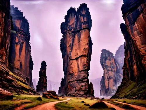 valley of desolation,meteora,futuristic landscape,khachkars,drakensberg,canyons,karst landscape,cartoon video game background,rock formations,bernales,danxia,canyon,zion,fallen giants valley,khandaq,fairyland canyon,monoliths,ennedi,drakensberg mountains,huangshan,Illustration,Black and White,Black and White 25