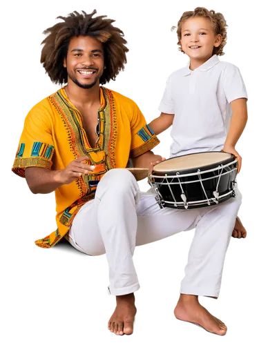 African man, tribal clothing, holding bongos, smiling face, joyful eyes, messy Afro hair, golden earrings, colorful dashiki shirt, white pants, bare feet, sitting cross-legged, playing bongos, rhythmi