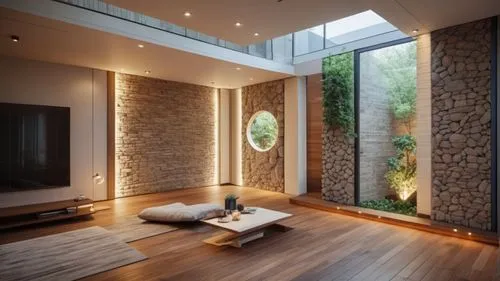 add living room furniture,a very modern style living room with windows and a large stone wall,luxury bathroom,interior modern design,modern room,bamboo curtain,glass wall,great room,Photography,Genera