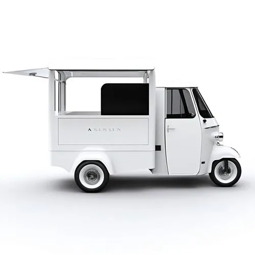 ape car, italy, Harper's Bazaar car, news kiosk,  ape car open with newspaper, harper's bazaar logo in black, total white color ape car,the small truck is made to look like it has an open door,piaggio