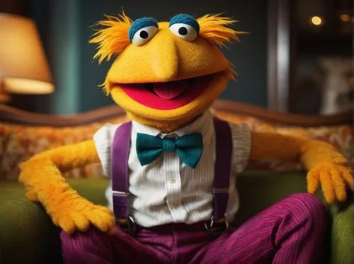 humanoid muppet, furry body, large eyes, colorful clothes, suspenders, bow tie, smiling face, sitting on a couch, indoor setting, warm lighting, soft focus, shallow depth of field, whimsical atmospher