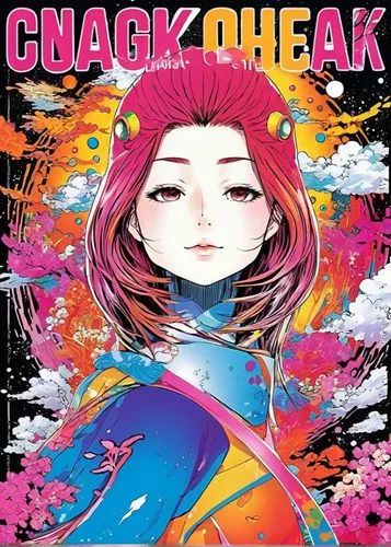 a woman with pink hair, in front of a black background with flowers and clouds,chaki,chako,chaka,chookiat,chak,chorak,Illustration,Japanese style,Japanese Style 04