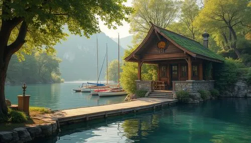 house with lake,house by the water,summer cottage,boat house,boathouse,floating huts,beautiful lake,pool house,shaoming,calm water,tranquility,boat shed,cottage,houseboat,dock,cave on the water,floating over lake,seclude,summer house,beautiful home,Photography,General,Realistic