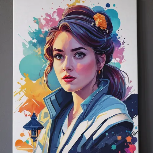 frida,custom portrait,princess leia,audrey,cg artwork,geisha,fantasy portrait,girl portrait,mulan,vector illustration,artist portrait,elsa,illustrator,painting technique,painting,cinderella,nora,solo,portrait of a girl,watercolor pin up,Illustration,Paper based,Paper Based 27