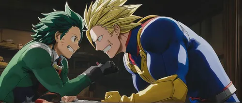 Write a heartwarming conversation between Midoriya and All Might where they discuss their dreams and the legacy of One For All.,arm wrestling,my hero academia,fist bump,sails a ship,card games,arguing