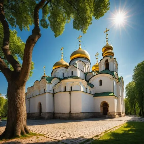 Kievan Rus architecture, St. Sophia Cathedral, Kiev, Ukraine, medieval style, Orthodox Church, golden dome, intricate stone carvings, ornate frescoes, grandeur scale, majestic atmosphere, warm afterno