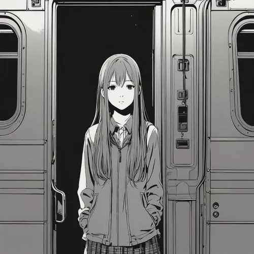 The outlines of a 20 year old girl with long hair in front of an open train door. At night. Scary place. Lighter in hand.,the girl at the station,megatokyo,last train,sawako,tarmugi,misuzu,train ride,