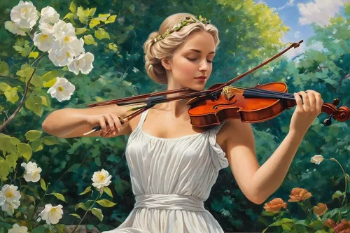 Describe the feeling of playing the violin in a peaceful garden.,woman playing violin,violinist,violin woman,violin player,violin,playing the violin,violist,violinist violinist,violinists,woman playin