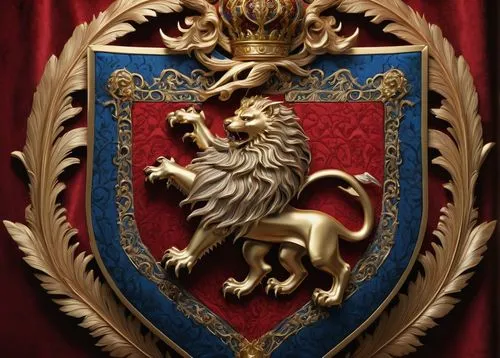 Noble, medieval-inspired coat of arms, intricate design, shield with ornate frame, golden accents, red and blue colors, mythical creatures, dragon and lion supporters, flowing mantling, helm with feat