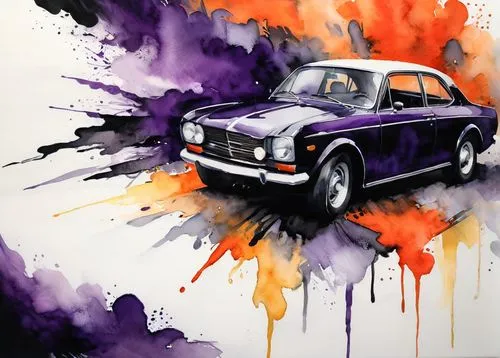 In a stunning watercolor masterpiece, a car, a blend of deep purple, dark black, and stark white fills the page, the watercolor strokes blend seamlessly in a harmonious and delicate way. The artwork c