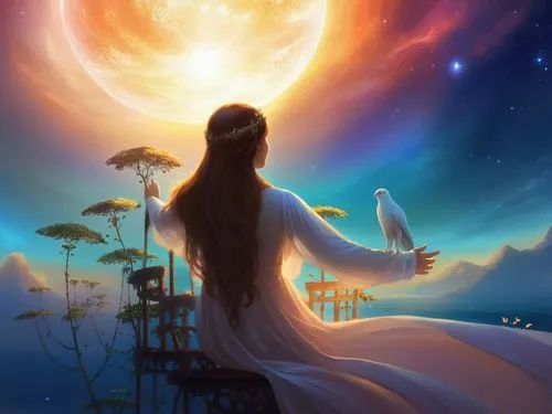 fantasy picture,urantia,lughnasadh,elohim,mediumship,celestial,qabalah,moon and star background,moonflower,celestial body,silmarillion,dreamtime,sun moon,astral traveler,ashtar,rosicrucians,heliosphere,celestial phenomenon,astronomy,imbolc,Illustration,Realistic Fantasy,Realistic Fantasy 01