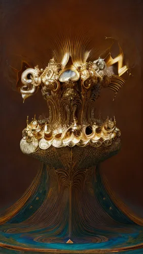 fractalius,cauldron,golden scale,golden crown,carcass,eruption,apophysis,horn of amaltheia,pillar of fire,molten,golden apple,mandelbulb,dali,goatflower,solomon's plume,cubensis,burning tree trunk,hive,coil,corrosion,Calligraphy,Painting,Mythicism