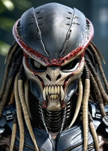 dark alien warrior "predator"  front view, ,alien warrior,predator,warlord,raider,crossbones,lacrosse helmet,alien,metal,hag,reptillian,carapace,metallizer,metal implants,dead earth,death head,motorcy