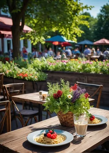 Lunch, outdoor cafe, sunny day, warm light, beautiful detailed flowers, greenery, trees, wooden tables, metal chairs, white tablecloths, wine glasses, bread baskets, salad plates, pasta dishes, refres