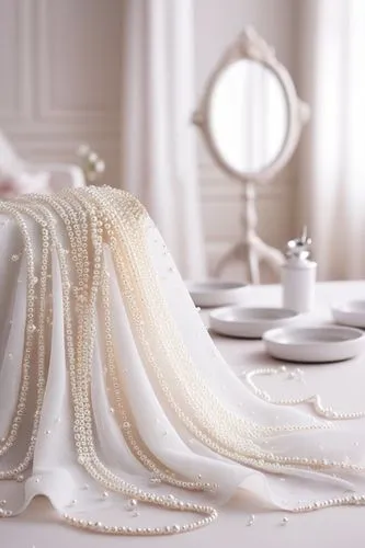 there are white dishes and cups with pearls on it,white silk,peignoir,pearls,pearl necklace,love pearls,linens