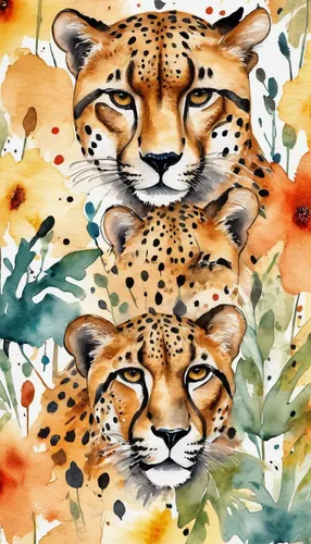 cheetahs,tigers,seamless pattern,serengeti,safari,felidae,jaguar,tropical animals,panthera leo,leopard,a tiger,fauna,tiger png,big cats,tiger,watercolor background,endangered,animal stickers,animalia,cheetah,Illustration,Paper based,Paper Based 24