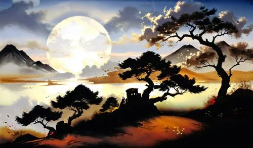 a painting on a wall that depicts an island,landscape background,an island far away landscape,world digital painting,cartoon video game background,dusk background,badland,Illustration,Paper based,Pape