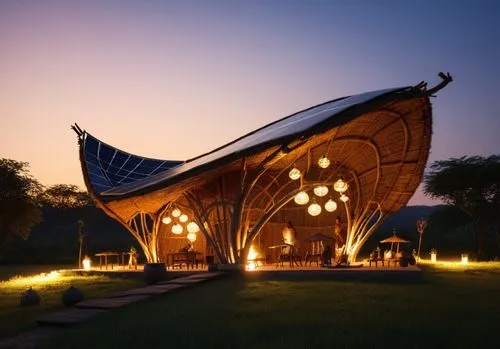 large light fixture sitting on top of a grass covered field,auroville,earthship,javanese traditional house,anantara,solar cell base,asian architecture,etfe,spaceframe,cube stilt houses,bintan,langkawi