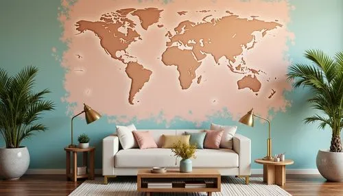 wall decoration,gold-pink earthy colors,world map,wallpapering,wallcoverings,wall decor,map of the world,nursery decoration,wall painting,world's map,map silhouette,wallcovering,fromental,old world map,pangea,continent,wallpapered,modern decor,wall plaster,wall paint