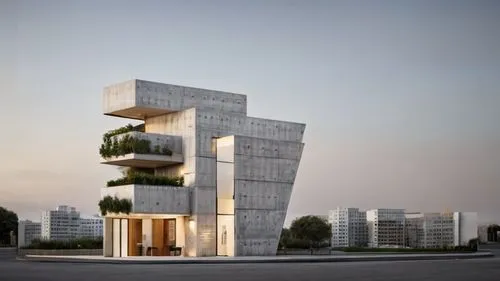 crea una imagen de un edificio futurista con principios sustentables en un atardecer agrega personas,cubic house,cube stilt houses,residential tower,cube house,modern architecture,sky apartment,animal