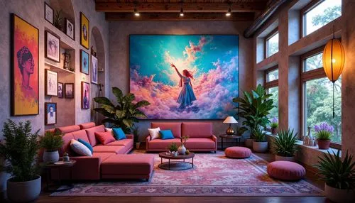 living room,bohemian art,modern decor,livingroom,sitting room,contemporary decor,interior decor,loft,interior design,boho art,boho art style,great room,apartment lounge,interior decoration,decor,modern room,home interior,art gallery,dreamhouse,wall art