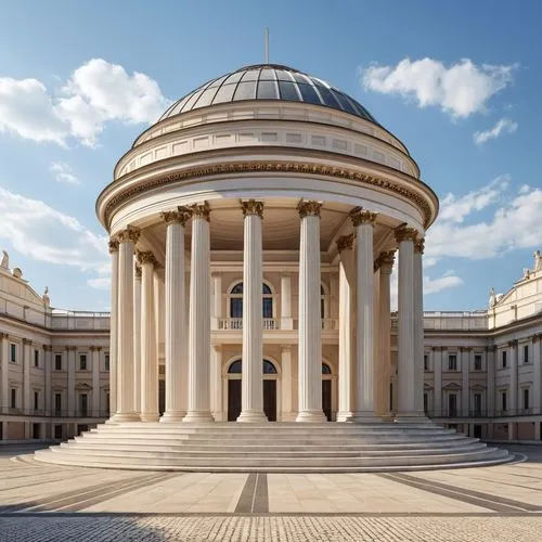 an intricately designed building stands surrounded by pillars,zappeion,saint isaac's cathedral,borromini,greek temple,sylvaticum,neoclassical,palladian,peristyle,pancuronium,doric columns,glyptothek,b