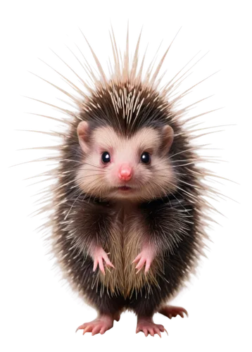 naked porcupine, solo, small size, white belly, long quills, standing on hind legs, cute face, whiskers, pink nose, round eyes, morning dew, soft sunlight, shallow depth of field, warm color tone, cin