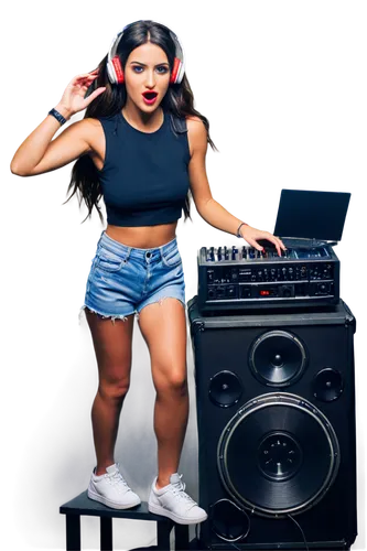 DJ girl, headphones, dynamic hair, bold eyeliner, red lips, sleeveless top, ripped jeans, sneakers, mixing console, vinyl records, microphone, stage lights, fog machine, vibrant colors, close-up shot,