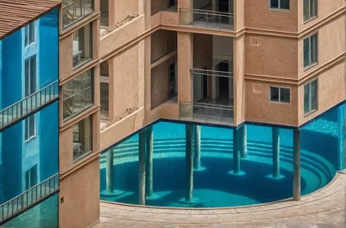 La parte azul es un espejo de agua,water stairs,infinity swimming pool,girona,swimming pool,hotel w barcelona,hotel barcelona city and coast,roof top pool,escala,glass facades,an apartment,glass facad