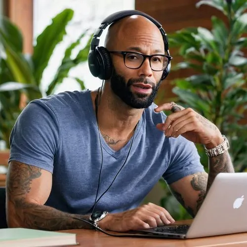 Joe Budden, podcast host, male, 40s, casual pose, relaxed facial expression, messy brown hair, black framed glasses, white T-shirt, dark blue jeans, sneakers, sitting, microphone, headphones, laptop, 