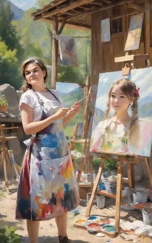 girl artist, painter, outdoors in the mountains in summer.,painting technique,italian painter,impressionist,pittura,impressionists,photo painting,overpainting,easel,impressionism,post impressionist,pa