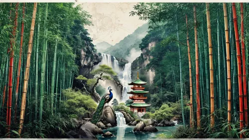 bamboo forest,oriental painting,chinese art,japanese art,tapestry,japan landscape,hanging temple,bamboo plants,yunnan,guizhou,gioc village waterfall,vietnam,japanese background,green waterfall,bamboo curtain,wuyi,hawaii bamboo,bamboo,cool woodblock images,kumano kodo