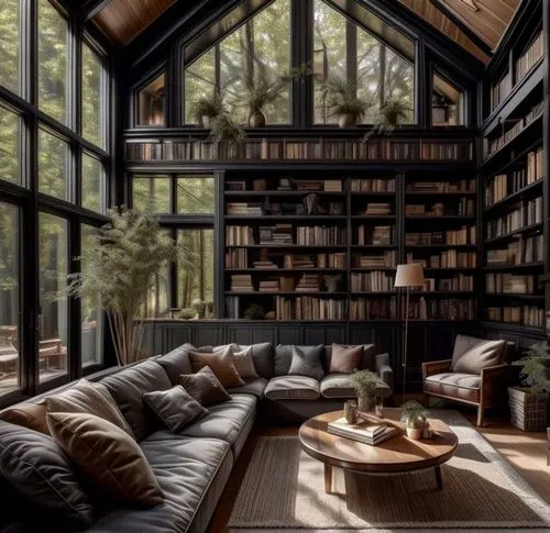 bookshelves,book wall,reading room,living room,livingroom,bookcase,great room,bookshelf,the cabin in the mountains,interior design,loft,beautiful home,sitting room,wooden windows,modern living room,fa