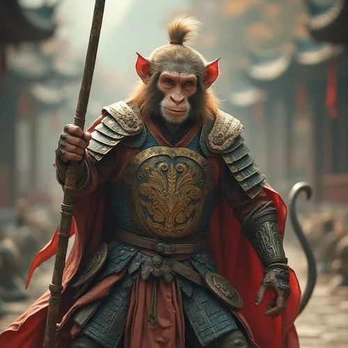 A monkey, wearing a suit of armor and holding a metal stick as a weapon, Sun Wukong of China ,a monkey dressed in costume for a role play with some staff,monkey god,wukong,samurai,japan macaque,tengu,