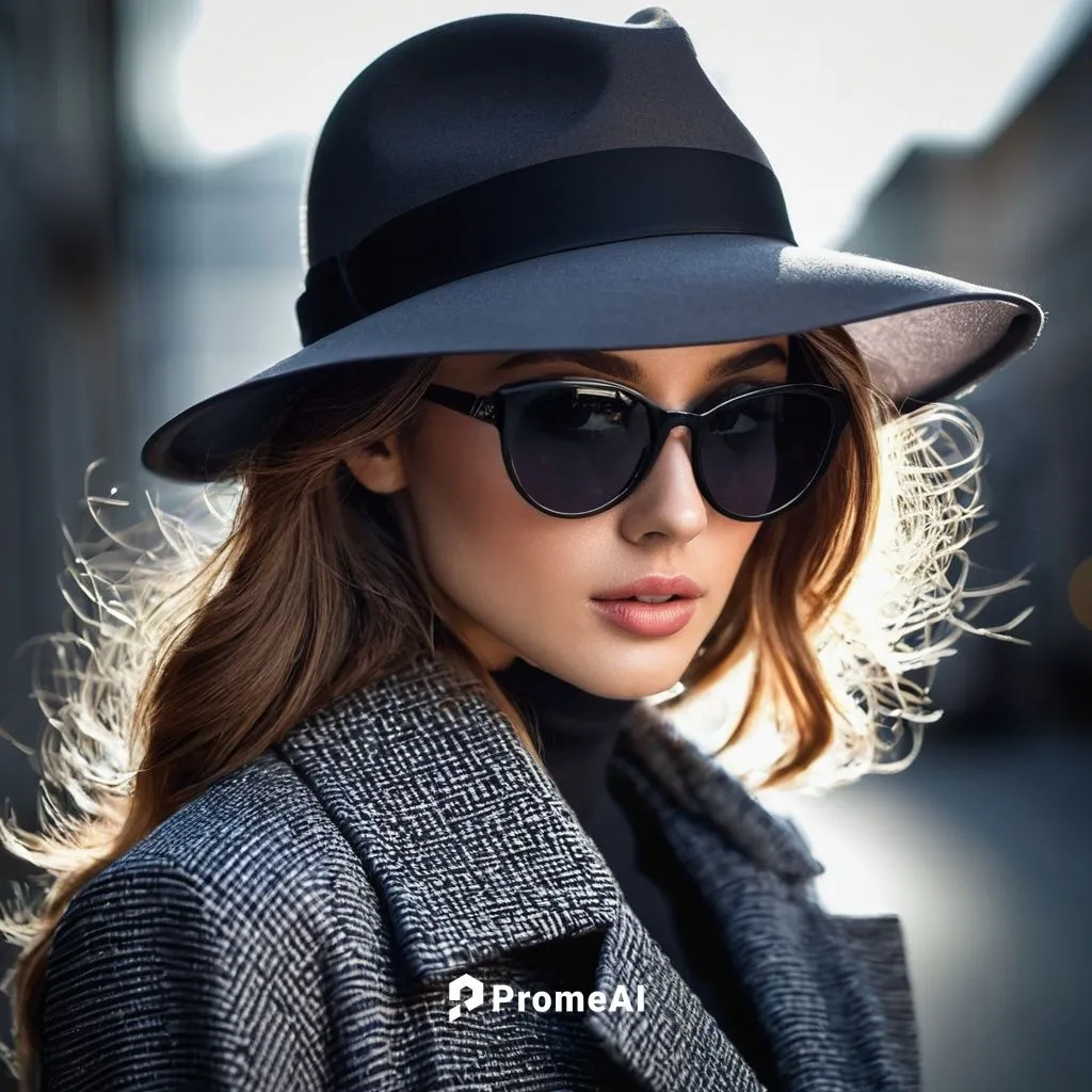 Retrato cerrado de una joven hermosa mujer de moda con gafas de sol. Señora posando sobre fondo gris oscuro. Modelo con elegante sombrero de ala ancha, chaqueta. Chica mirando la cámara. Moda 4700 × 3