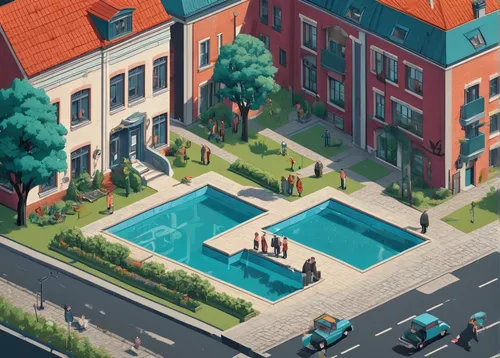 Imagine a thriller plot where an East German defector holds valuable secrets.,isometric,apartment house,apartment complex,an apartment,neighbourhood,seaside resort,swimming pool,apartment block,apartm