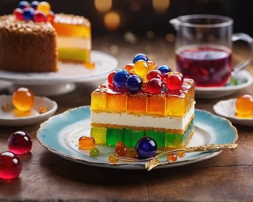 A cake topped with a lot of jelly cube,mixed fruit cake,gelatin dessert,rainbow cake,cassata,mandarin cake,petit gâteau,layer cake,slice of cake,fruit cake,tres leches cake,lego pastel,currant cake,ry